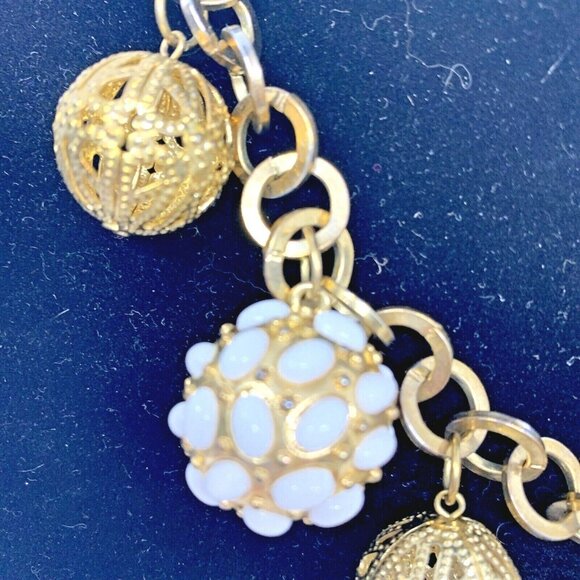 RJ Graziano Gold & White Disco Ball Chainlink Statement Necklace Signed - Picture 3 of 8